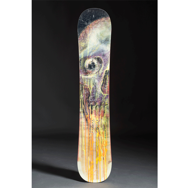 customized snowboard with colored human skull