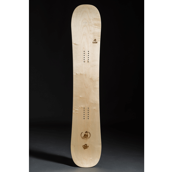 white wooden custom snowboard with partridge logo